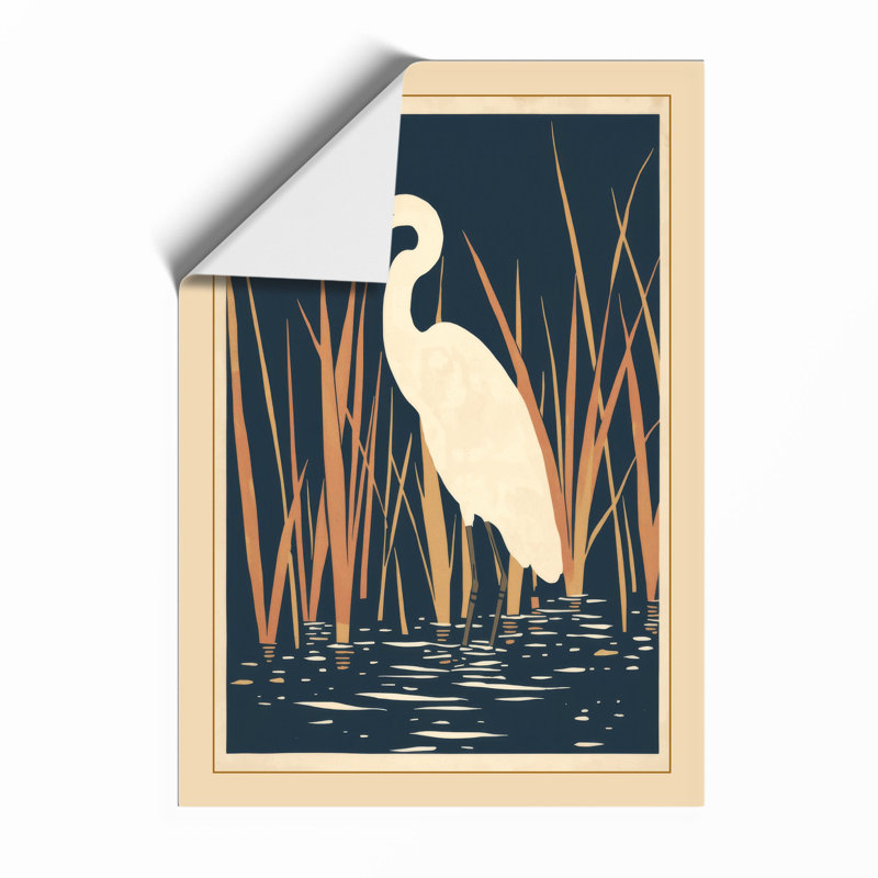 Heron in Reeds Japandi - Framed Print, A4 - 29.7 x 21.0 cm, Unframed