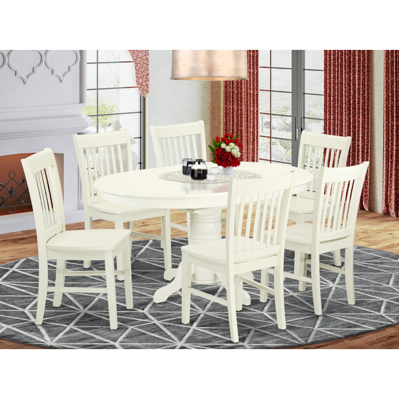 Ensemble de salle à manger 7 pièces composé d'une table de salle à manger ovale avec rallonge papillon et 6 chaises de cuisine, 42 x 60 pouces, lin blanc
