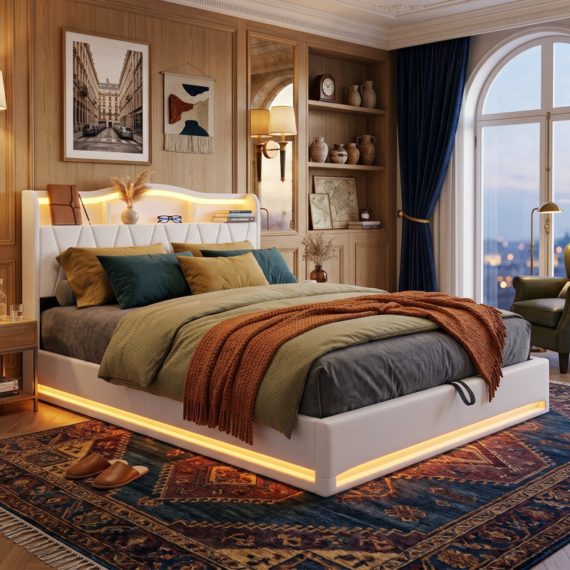 EU Double & Kingsize Smart Velvet Ottoman Storage Bed with Charging Ports, Upholstered Tufted Bed Frame with App-Controlled RGB LED Headboard & Lift Up Storage, Beige/Grey