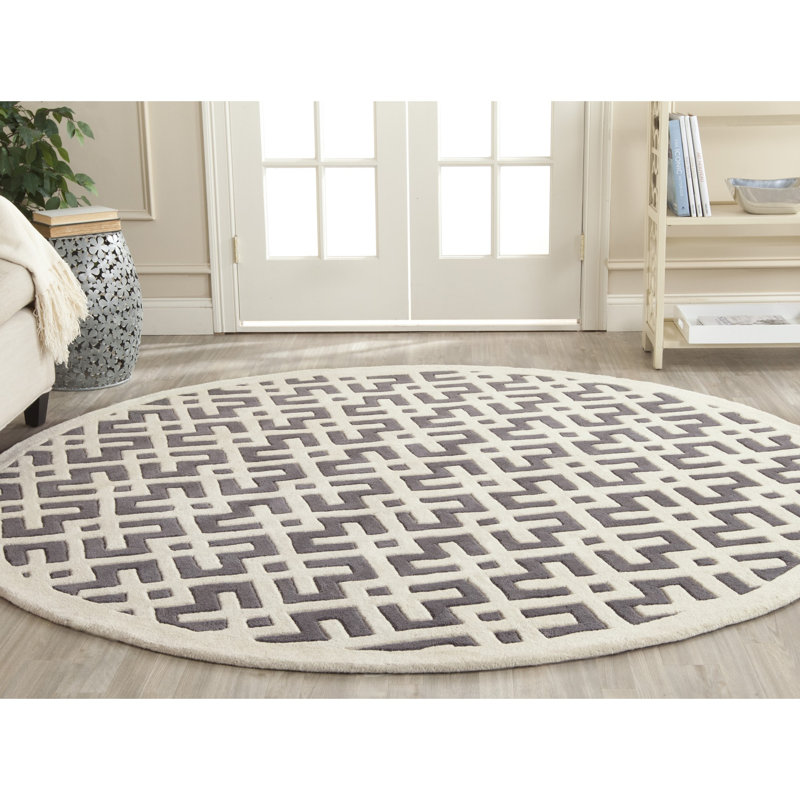 Sanyiah Geometric Handmade Tufted Wool Dark Grey/Ivory Area Rug, Round 7'