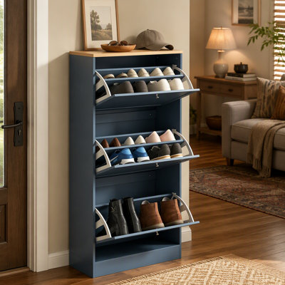 Meuble de rangement à chaussures fonctionnel, armoire à chaussures bleue et chêne avec étagères ajustables, organisateur d'entrée