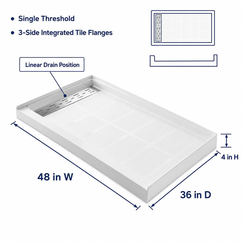 Receveur de douche 122 x 91 cm avec bonde centrale, fond texturé antidérapant et couvercle de bonde en acier inoxydable SS304