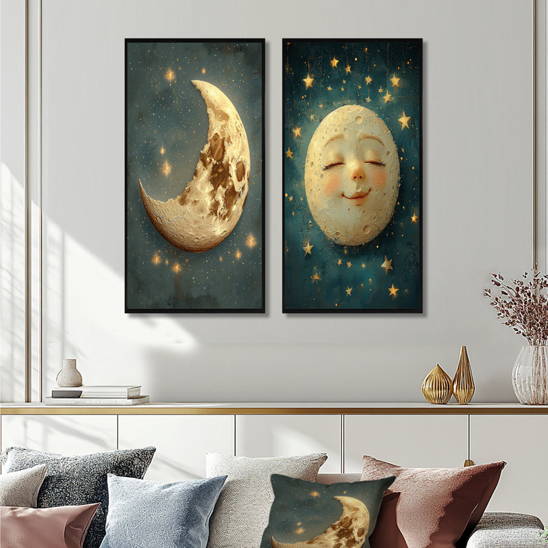 Sleepy Moon I - Ensemble de 2 pièces d'art mural pour chambre de bébé, H 28 po x l 24 po, Cadre flottant noir