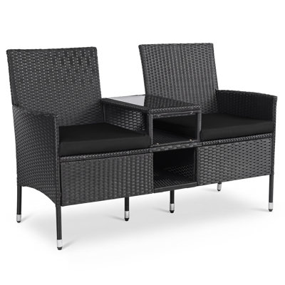 Banc 2 places en osier de patio avec table d'appoint en verre intégrée et 2 tablettes de rangement