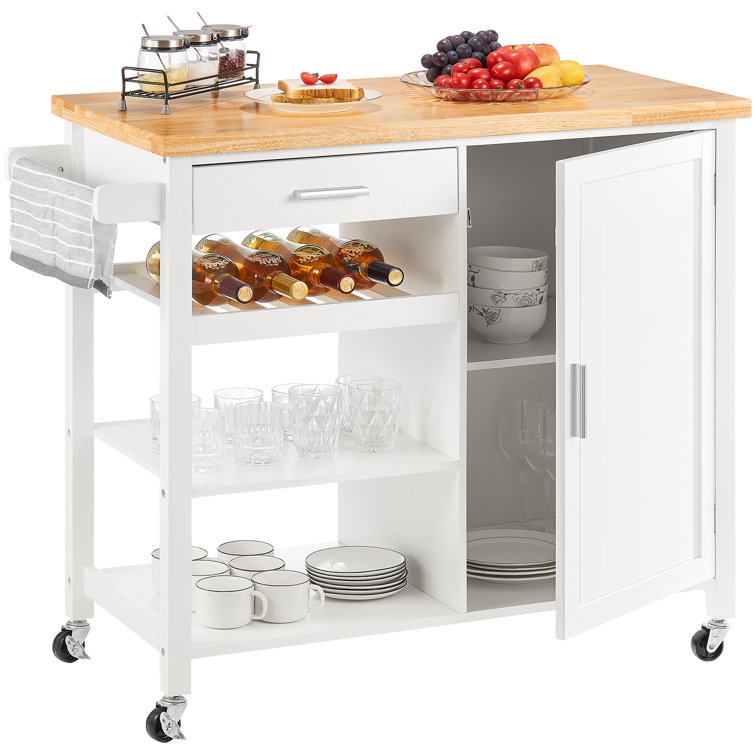 41" W Wood Kitchen Island with Solid Wood Waterproof Top, Kitchen Cart with Locking Wheels