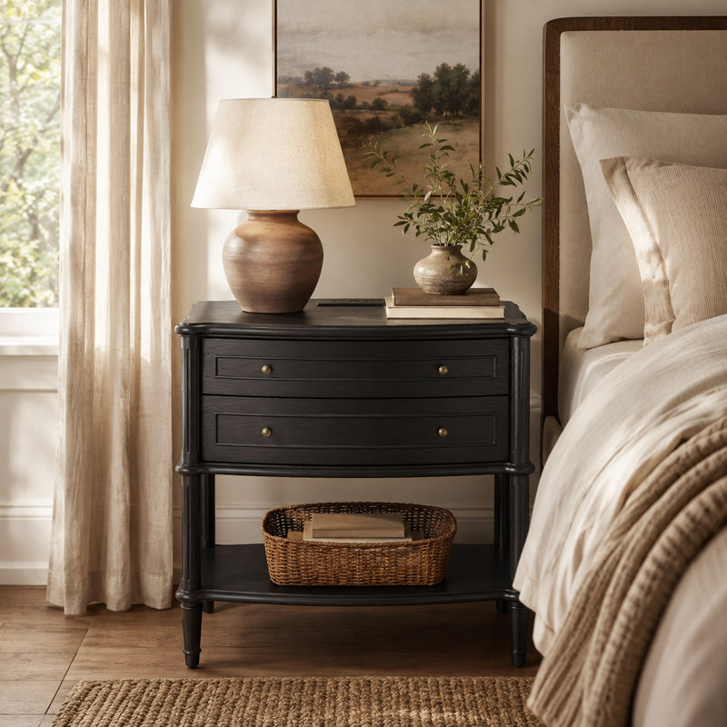Traditional 2-Drawer Nightstand with Charging Station, Black Wood Bedside Table with Open Shelf, 2 AC Outlets, USB & Type-C Port