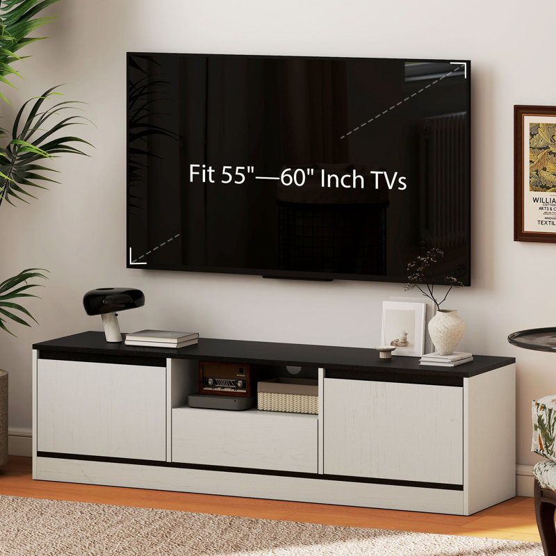 Meuble télé moderne pour téléviseur de 55 à 60 po, console avec rangement, grain de bois blanc délavé