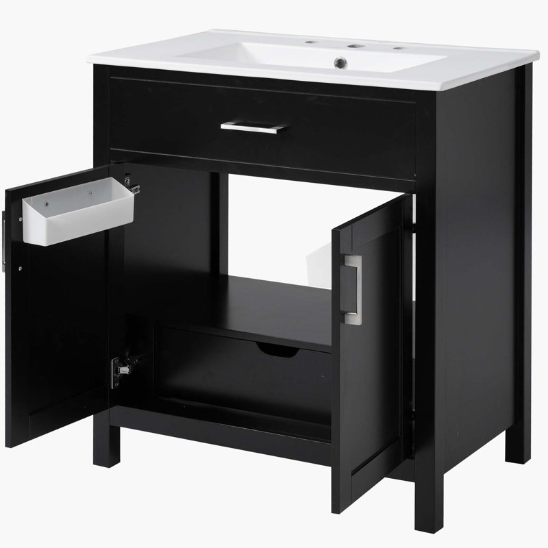 Meuble-lavabo de 30 pouces avec lavabo en céramique et beaucoup de rangement,, Noir