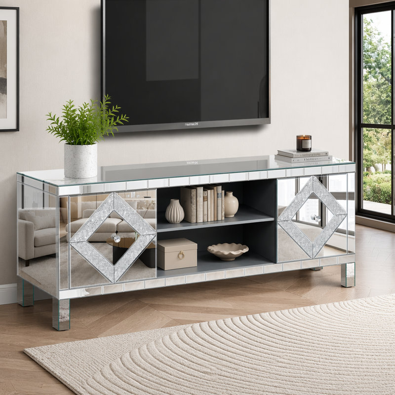 Console média miroir avec portes en verre Diamond, 59"W