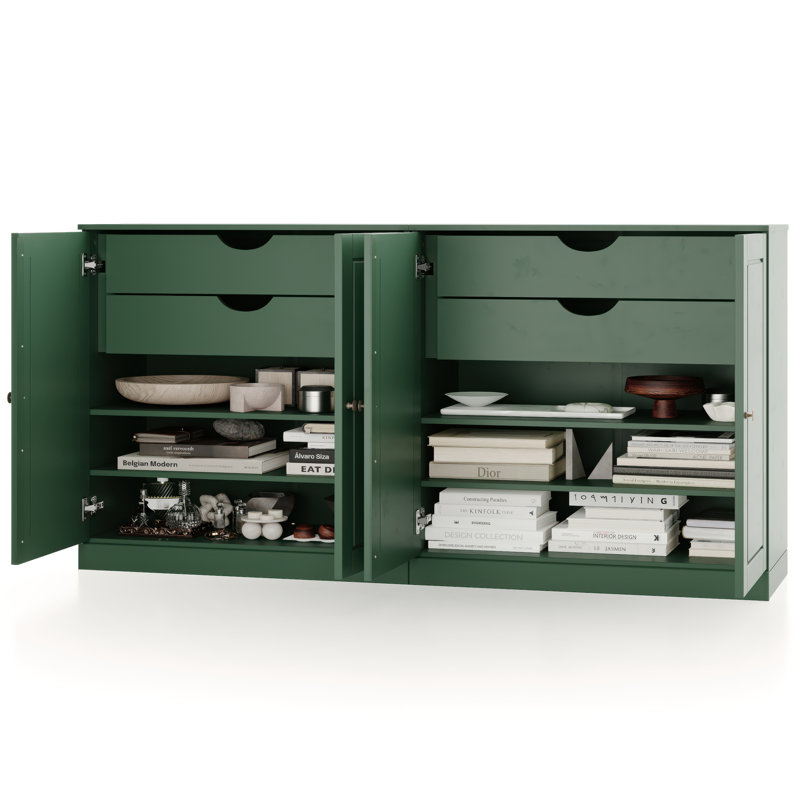 100% Solid Wood 64" Sideboard with Solid Doors, 4-Drawers and Adjustable Shelves, Green