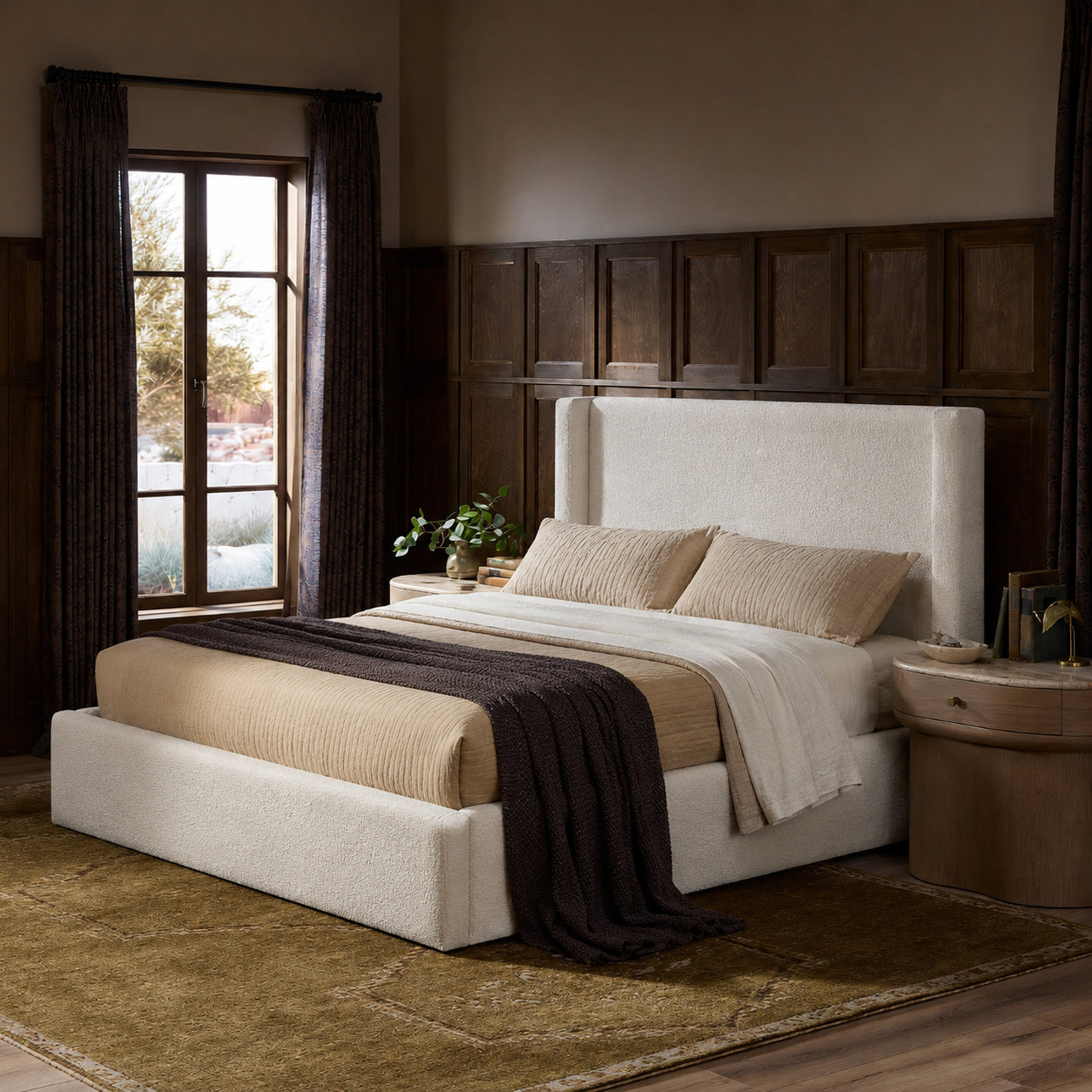 Mele Linen Upholstered Wingback Bed, Ivory Boucle, Queen