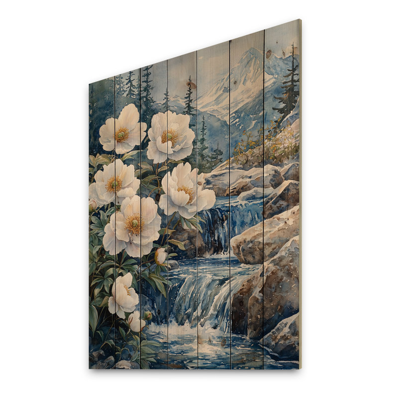 White Peonies And The Glacial Waters II - Peonies Wood Wall Decor - On Natural Pine Wood, 32" H x 24" W x 0.78" D