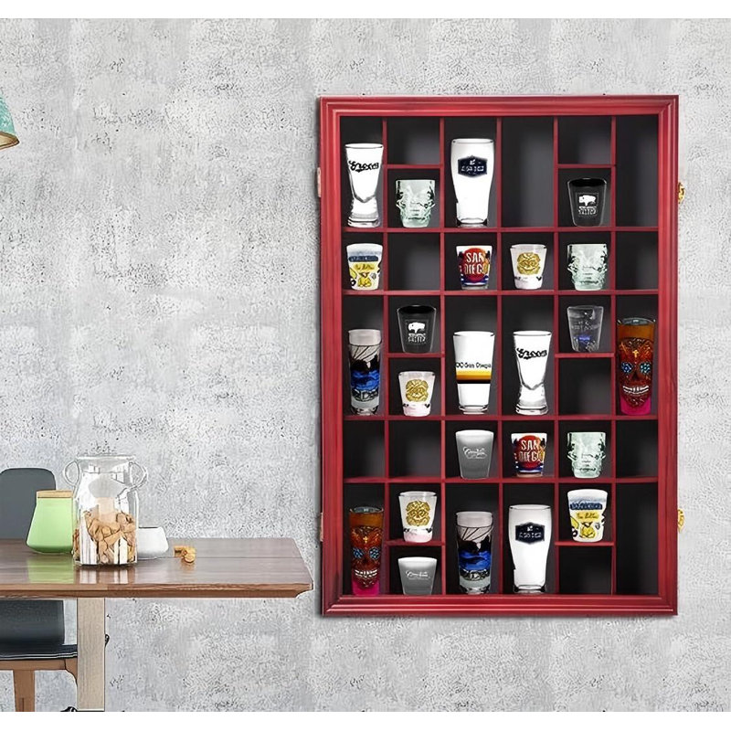 36 Slots Shot Glass Display Case With Lockable Door, Solid Wood Cabinet Collection Holder Wall Mounted Shot Glass Display Storage Box With Removable Shelves