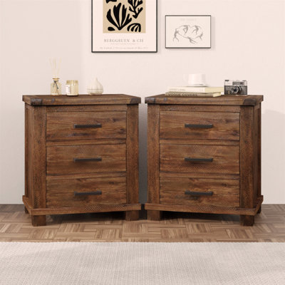 Ensemble de table de chevet rustique en bois massif récupéré à trois tiroirs Rustic