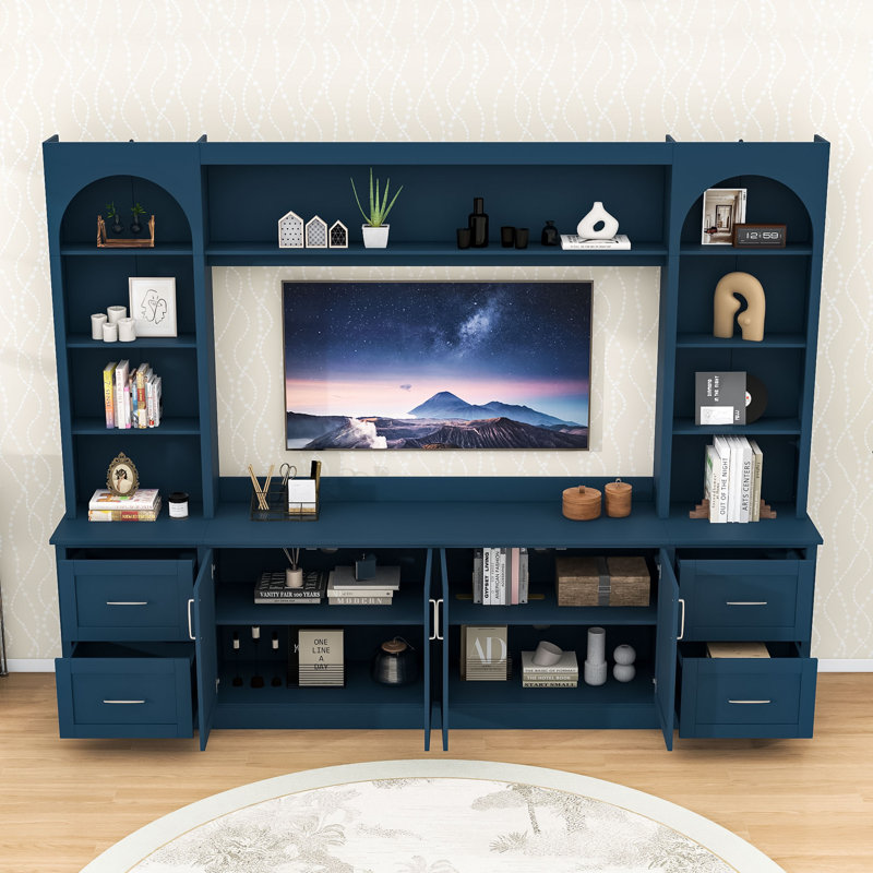 Meuble audio-vidéo en bois avec tiroirs de rangement, tablettes et armoire, Bleu
