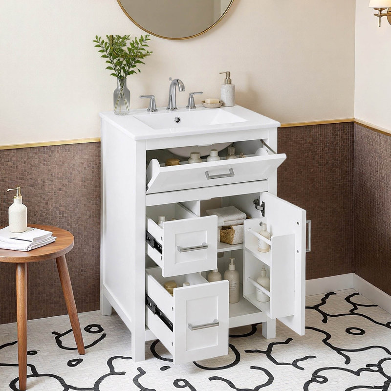 Meuble-lavabo simple autoportant de 24 pouces avec lavabo en céramique, 1 porte, tiroir rabattable et 2 tiroirs, Blanc