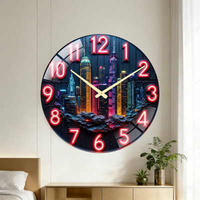 Horloge murale décorative Neon City Skyline - 61 cm (24 po) - Horloge murale moderne en verre