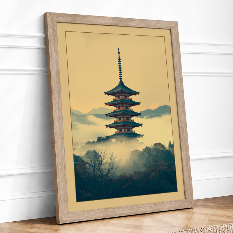 Pagoda in Mist Japandi - Framed Print, A4 - 29.7 x 21.0 cm, Oak