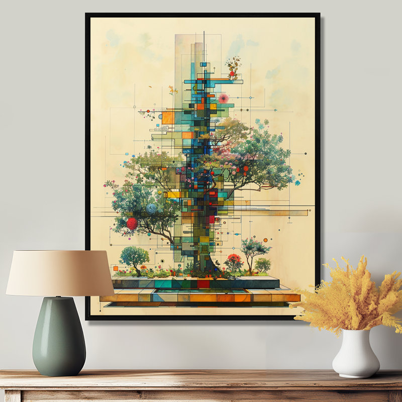 Dessin d'arbre géométrique rétro - botanique, art mural, H 20 po x l 12 po x P 1 po, Toile avec cadre flottant noir