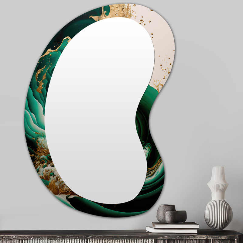 Eolanda émeraude vert et or abstrait vagues IV - spirales abstraites de forme irrégulière grand miroir, décor mural moderne asymétrique unique, art imprimé en métal