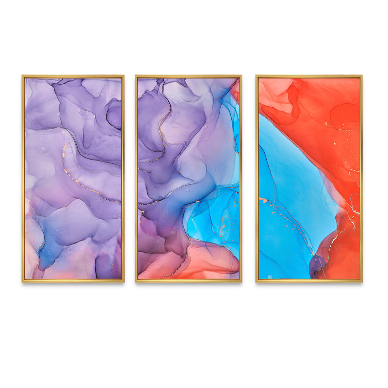 "Blue Red Orange", reproduction d'art sur toile 3 pièces, H 28 po x l 36 po x P 1 po, Or