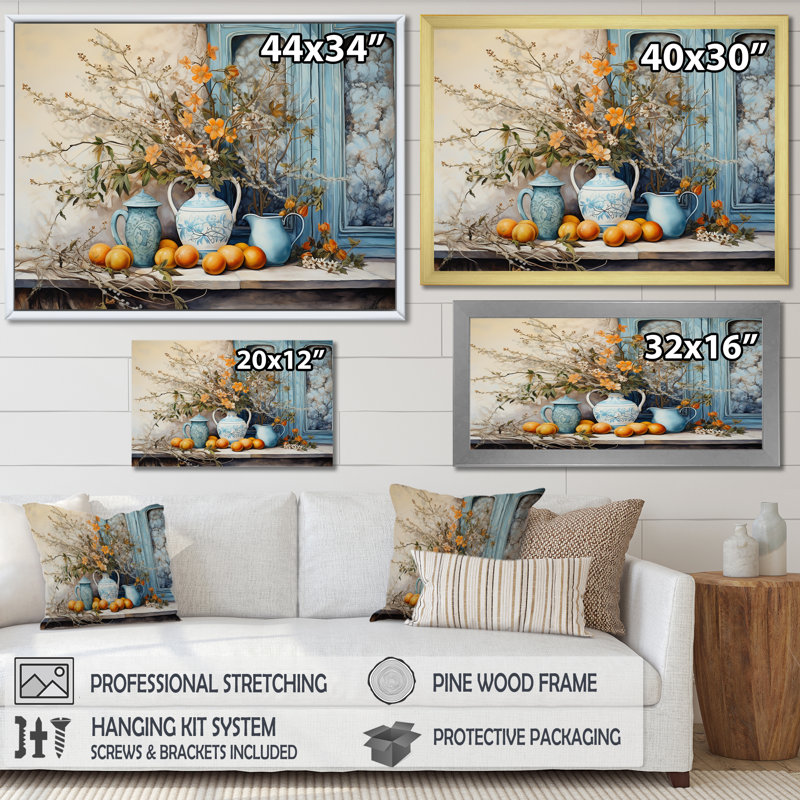 Vase à fleurs oranges campagne - Décoration murale fleurs, Toile tendue, H 12 po x l 20 po, Sans cadre
