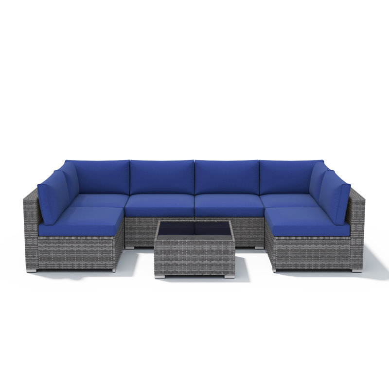 Ensemble de conversation modulaire en rotin 7 pièces avec coussins Algarin, Coussin bleu marine / structure grise