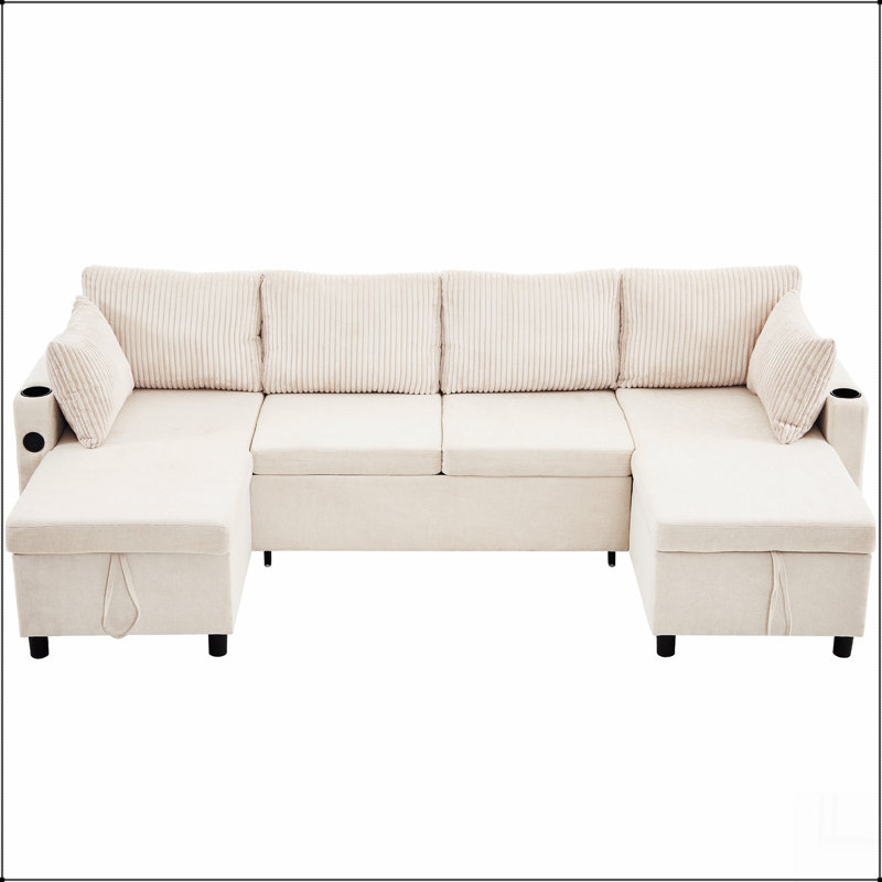 111.8" Sectional Sofa Pull-Out Sofa Bed Versatile Sofa Sleeper With Large Storage Space, Beige
