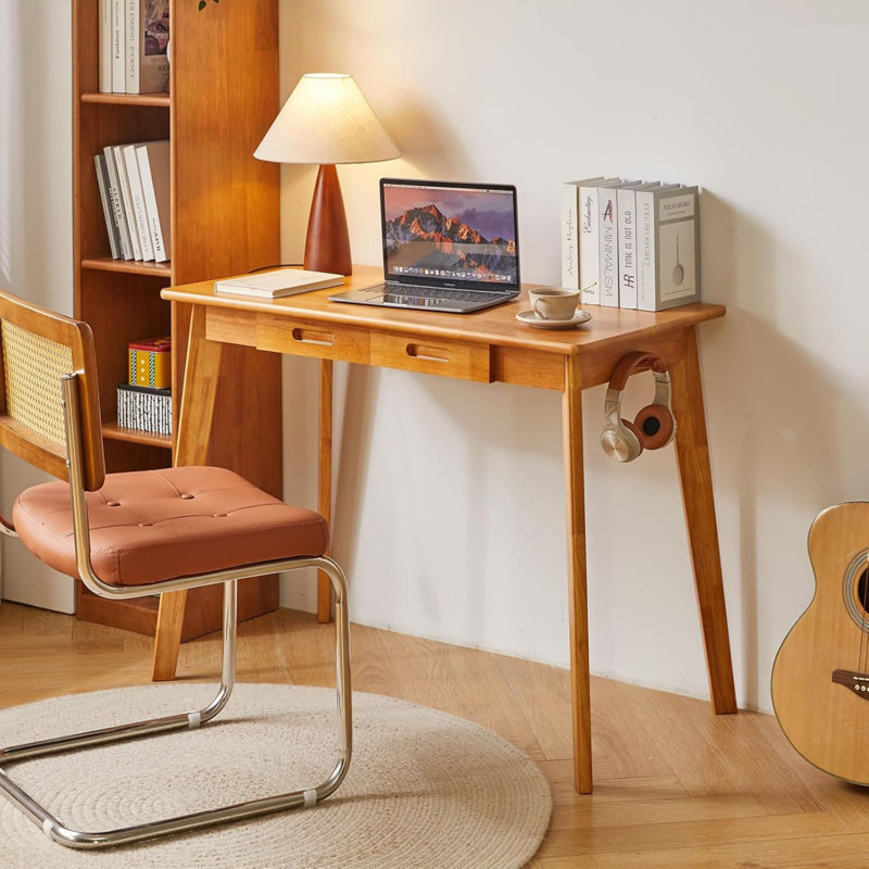 Wood Writing Desk with Drawer and Hanging Rod,39 x 20 x 30 inch Work Desk, Cherry Wood Color