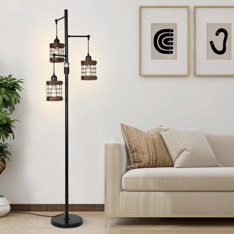Lampes de sol à intensité variable Airposta pour salon, lampe sur pied industrielle à 3 lumières avec cage en bois et métal