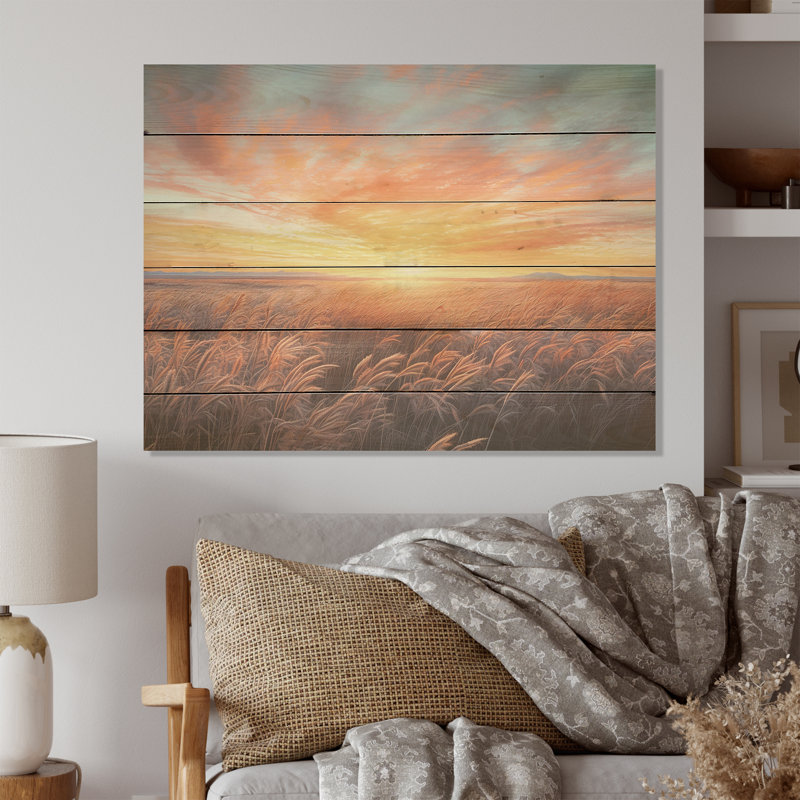 Tranquilles prairies au lever du soleil - prairies, art sur bois de pin naturel, H 30 po x l 40 po