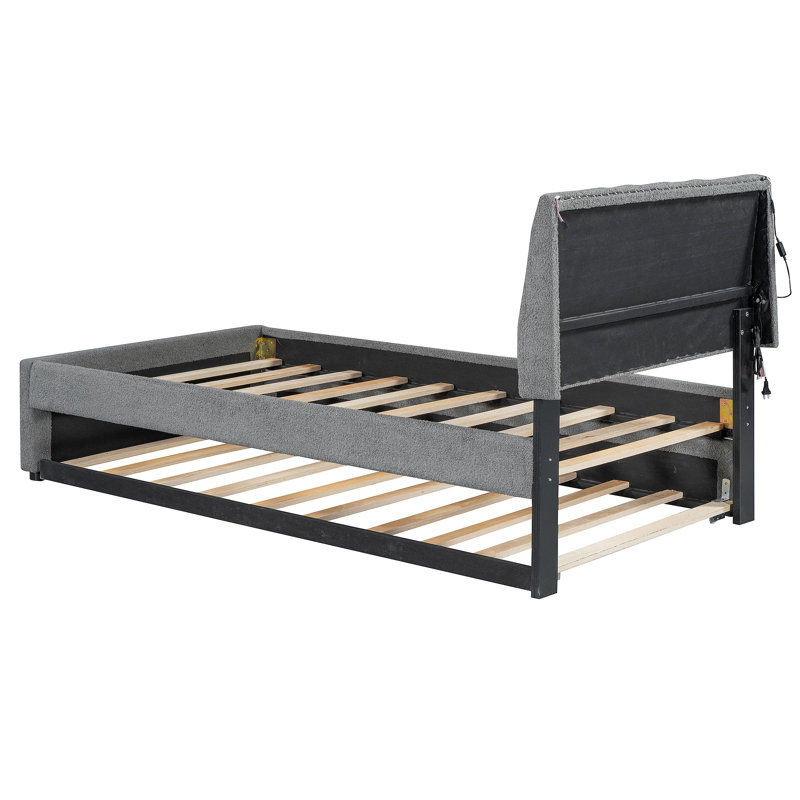 Lit plateforme tapissier Teddy, Gris, Lit simple