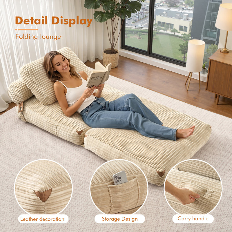 Convertible Corduroy Sleeper Chair Bed – No Assembl&Compression Packed, With Storage Pocket, Beige