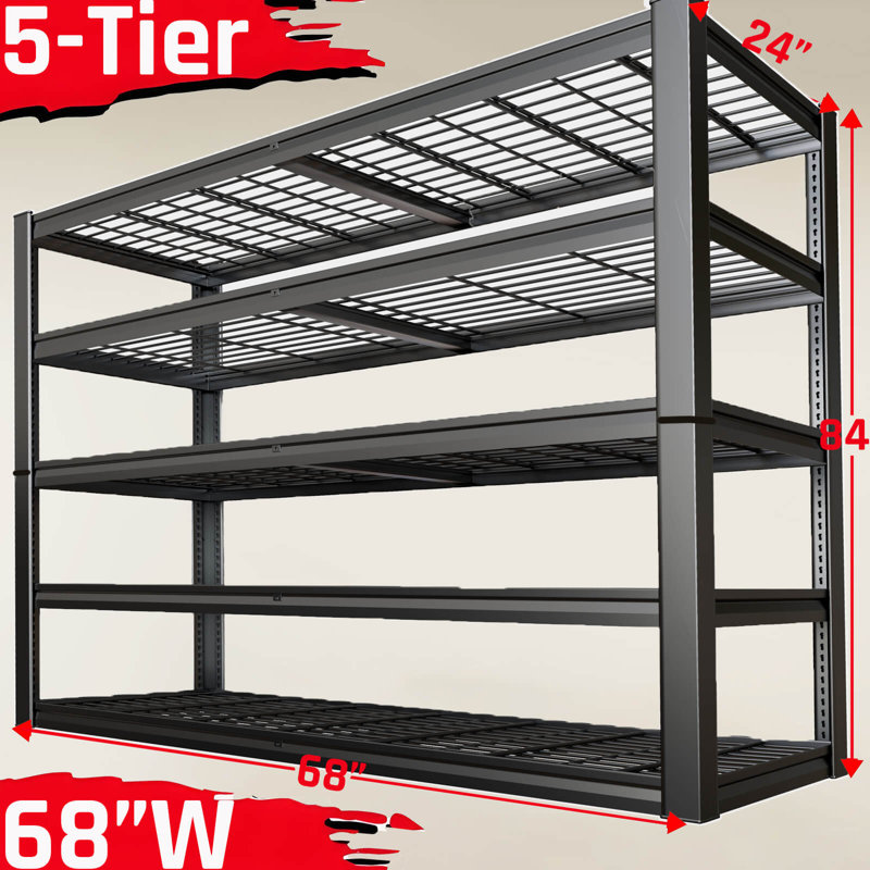 68"W Storage Shelves, 5 Tier Heavy Duty Garage Shelving, 84" H x 68" W x 24" D Adjustable Metal Shelves, Sturdy Industrial Shelving Unit