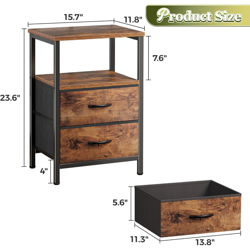 Ensemble de 2 tables de chevet, table de chevet avec 2 tiroirs, table de chevet avec tablette ouverte, plateau en bois, table de bout, tiroir en tissu, pour chambre à coucher, brun rustique