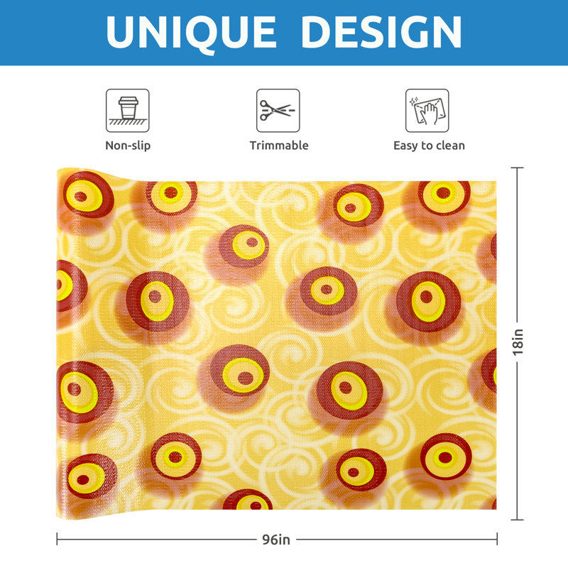 Revêtement pour étagères, revêtement antidérapant non adhésif pour placards, revêtements imperméables pour tiroirs, étagères, commodes, armoires de salle de bain, motif circulaire jaune, 45,7 cm (l) x 243,8 cm (l)