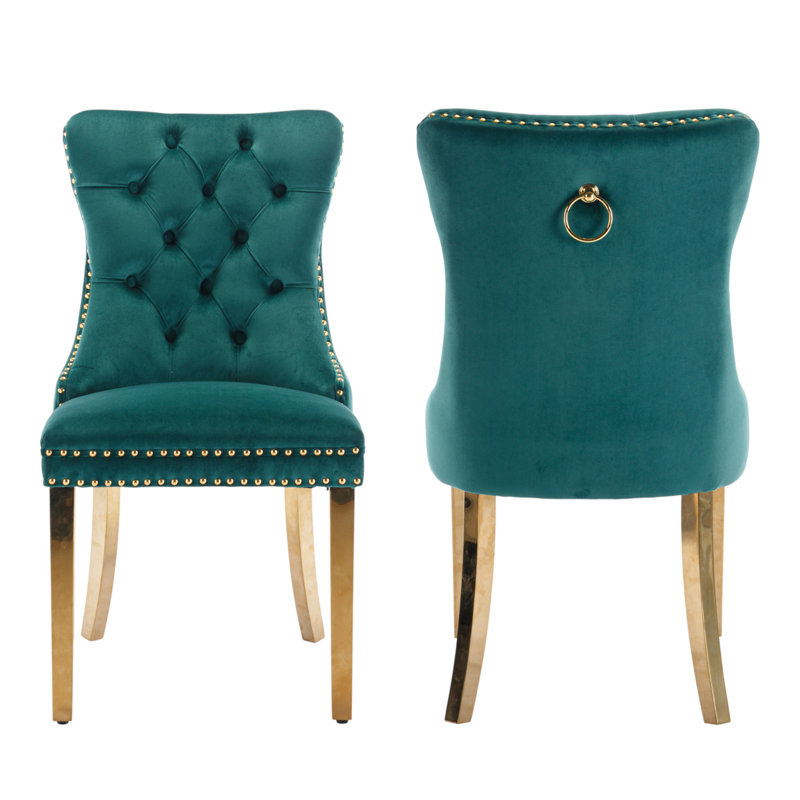 Chaises de salle à manger capitonnées en velours à oreilles, Vert, Miroir doré