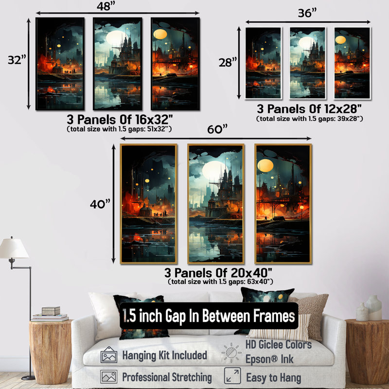 Onyx Outline Industrial Horizon - ensemble d'art mural usines, H 28 po x l 36 po x P 1 po, Cadre flottant noir
