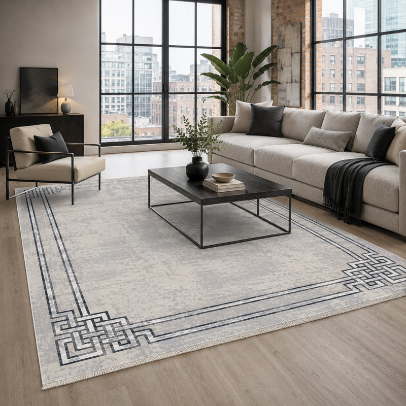Netline Home Symmetric Linework Mid Grey Modern Washable Rug, 200 cm round