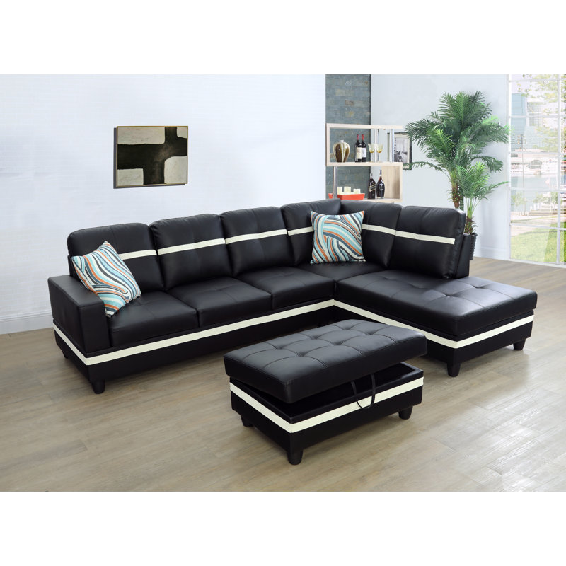 Betson 103.5" Wide Dark Brown Sofa & Chaise with Ottoman L Shaped Sofa, Right Hand Facing, Brown