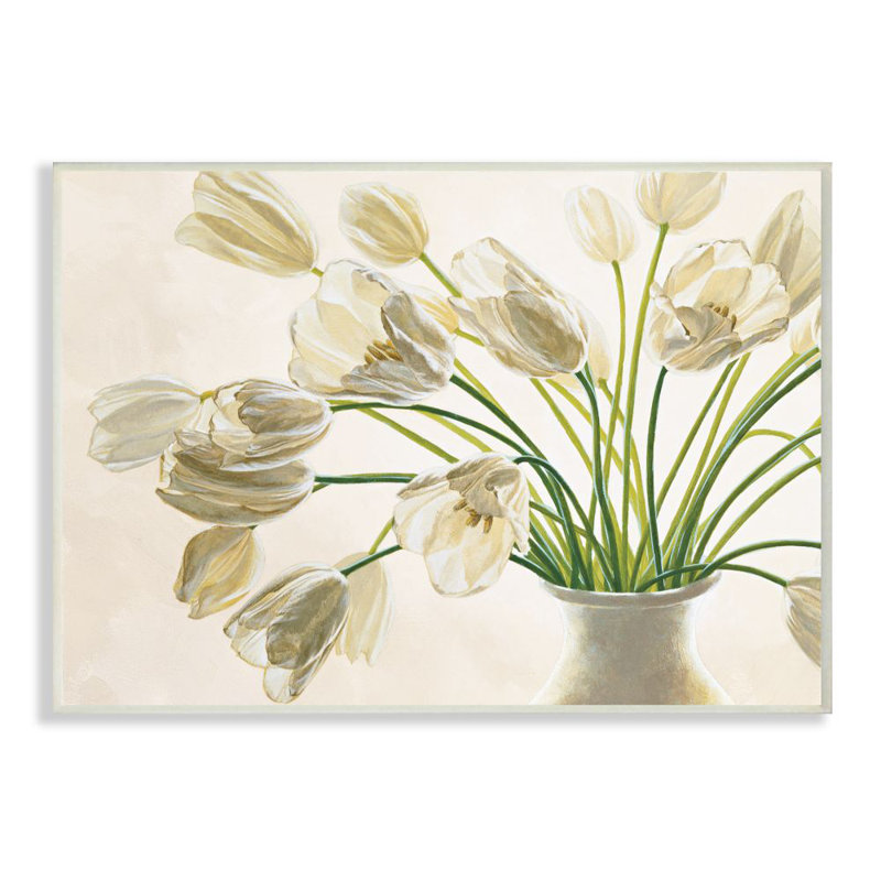 «Tranquil White Tulip Bouquet in Country Vase» par Eva Barberini - impression d'art graphique, H 10 po x l 15 po x P 0,5 po