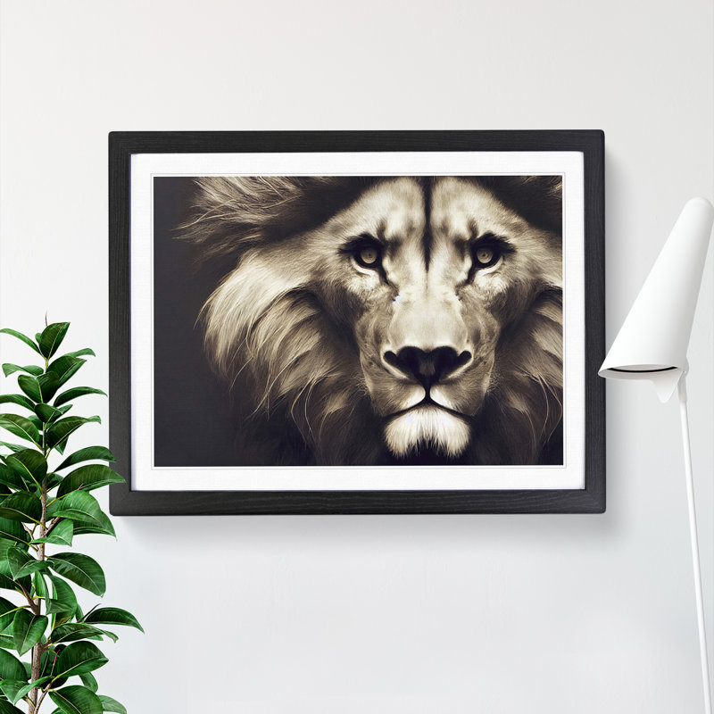 Tantalising Lion - Single Picture Frame Print, Black, 46cm H x 64cm W