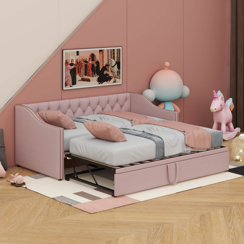 Lit de jour simple tapissier avec couchette escamotable, Rose