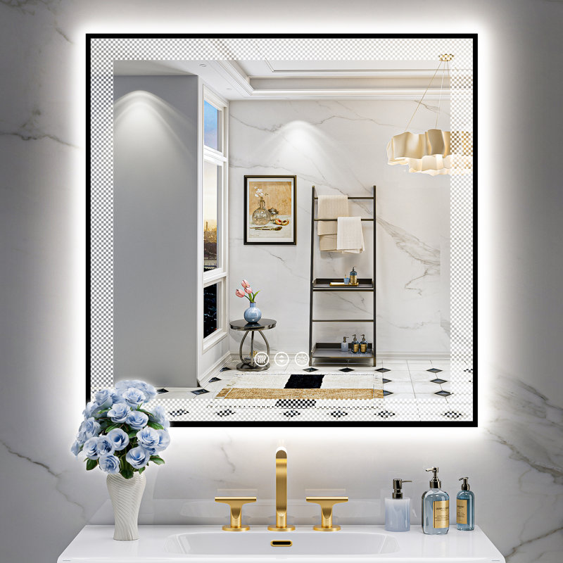 Miroir de salle de bain à cadre noir à DEL avec éclairage avant et rétroéclairé, miroir de meuble-lavabo éclairé pour le mur, double éclairage 3 couleurs à intensité variable, antibuée, verre trempé incassable (horizontal / vertical)