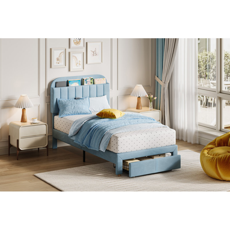 Twin Size Bed Frames With Storage Headboard, Velvet Upholstered Platform Bed Frame With Strong Wooden Slats, Blue