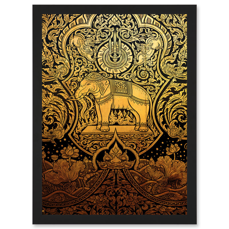 Painting Ornate Abstract Thailand Elephant Black Gold - Single Picture Frame Print