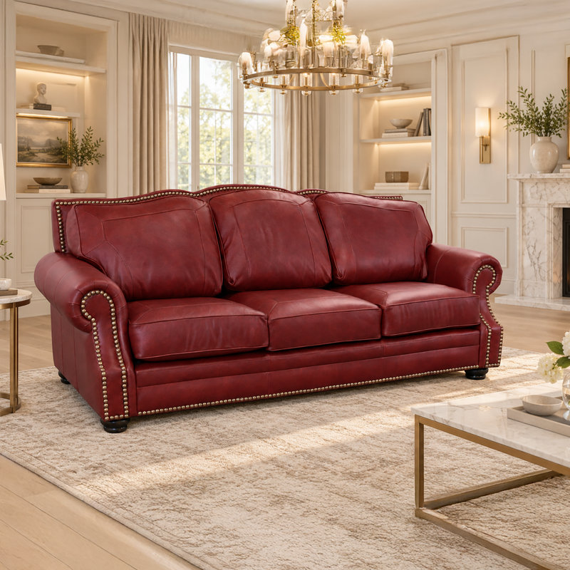 Canapé en cuir véritable de 100 po de largeur avec garniture cloutée Stana, Cuir véritable rouge foncé Brompton