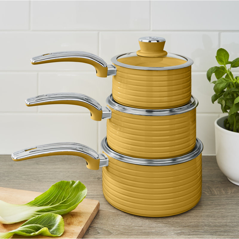 Swan Retro 3 Piece Saucepan Set, Yellow