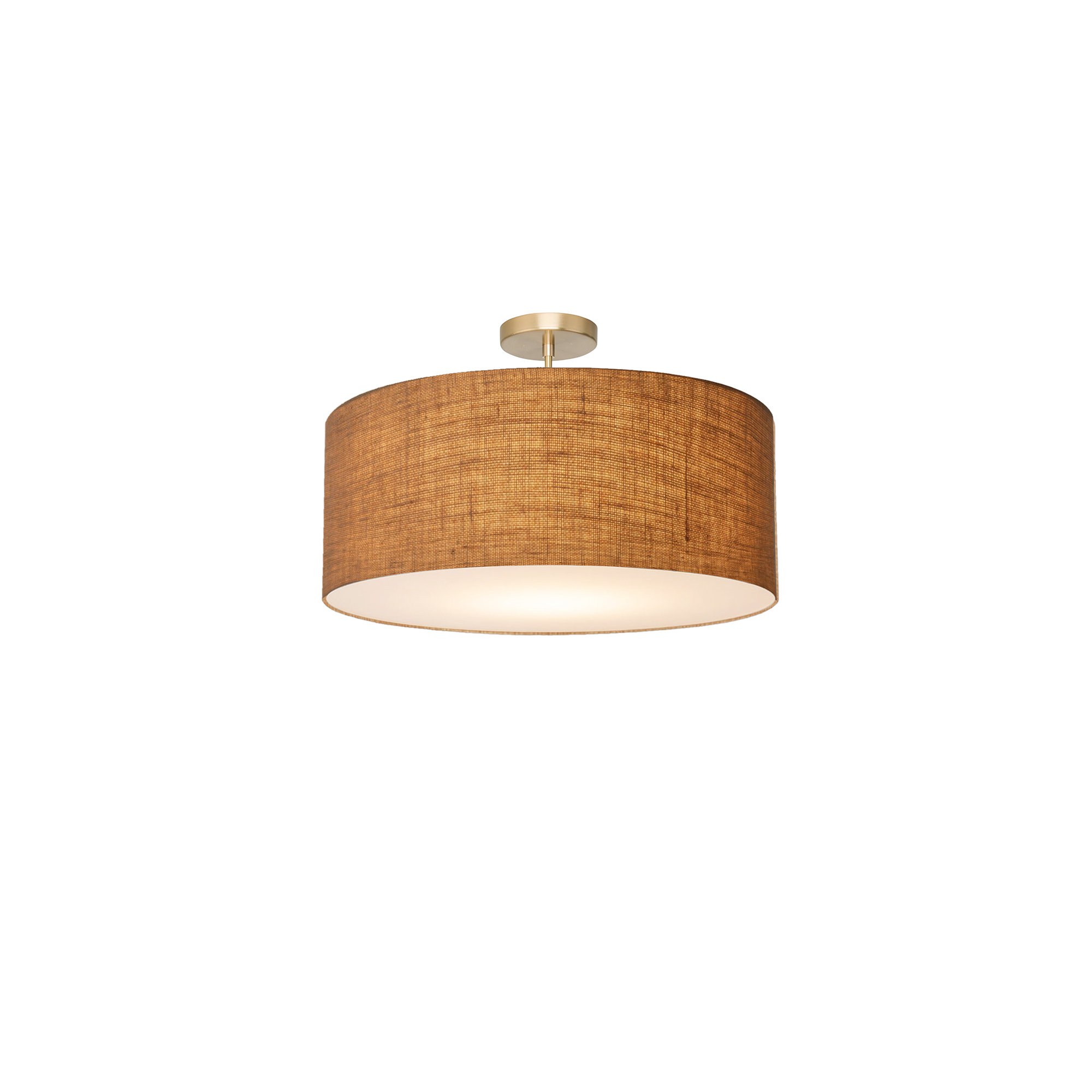 Stretch Semi Flush Mount, White Linen Shade, Weathered Brass, Burlap