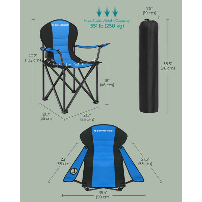 Camping Chair, Folding Outdoor Chair With Padded Seat, Cup Holder, Heavy-Duty Metal, For Picnic Fish Sports, Blue/Black